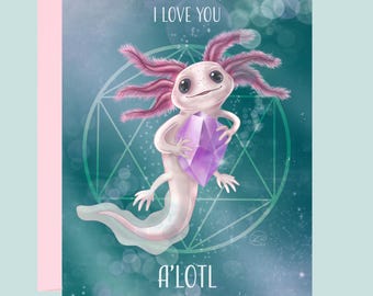 Axolotl Amethyst Greeting Card, Pet & Crystal Lover Gift