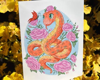 Cartão de felicitações do Ano da Serpente, Cobra fofa, cartões para amantes de serpentes, Ano Novo Lunar, Zodíaco Chinês, papelaria do zodíaco, ilustração de serpente