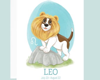 Leo Zodiac Basset Hound Birthday Card: Dharma Dog Illustration