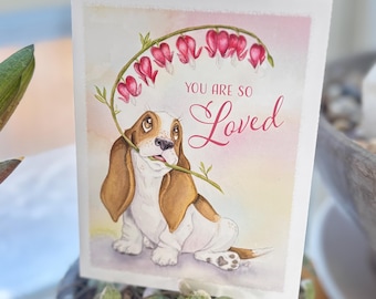 Basset Hound Valentine's Day Card: Dog Watercolor Art