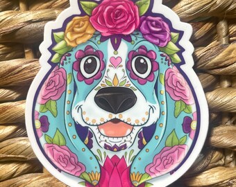 Basset Hound Sugar Skull Sticker, Day of the Dead Dog