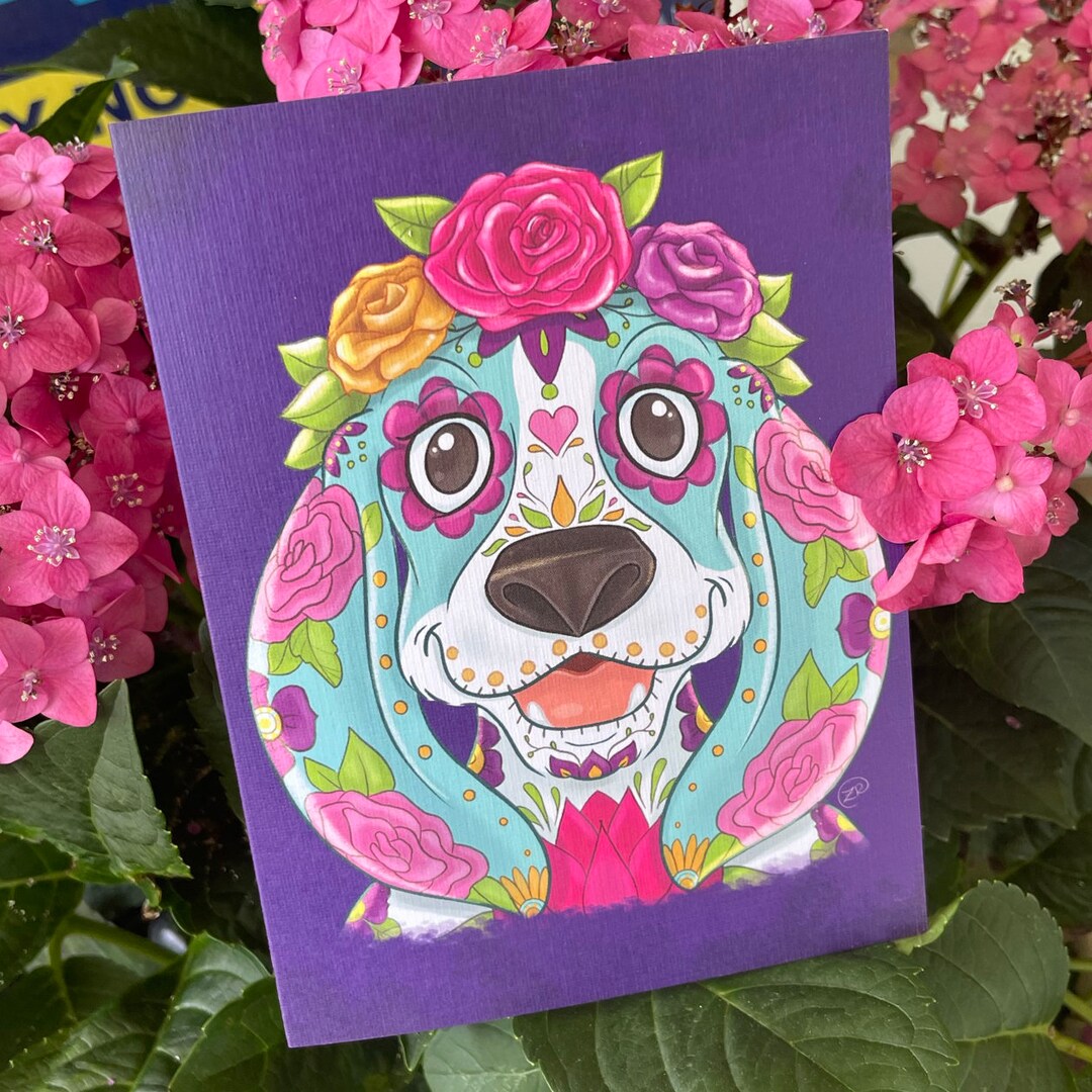 Sugar Skull Card, Basset Hound, Sugar Skull Dog, Gifts for Dog Lovers, Basset Hound Art, Basset