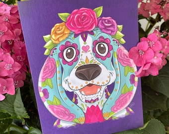 Basset Hound Sugar Skull Card, Day of the Dead Dog Art