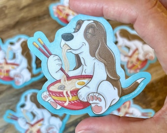 Basset Hound Ramen Sticker: Dog with Noodles Vinyl Decal