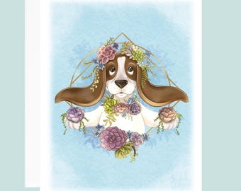 Basset Hound Succulent Greeting Card: Floral Dog Lover Card