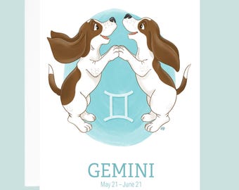Gemini Basset Hound Card: Funny Zodiac Dog Birthday Card