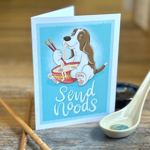 Envoyez une carte de voeux Noods, Basset hound, cartes pour les amoureux des chiens, cartes pour les amoureux des chiens, cartes pour les amateurs de nourriture, cartes pour gourmets, papeterie de nouilles