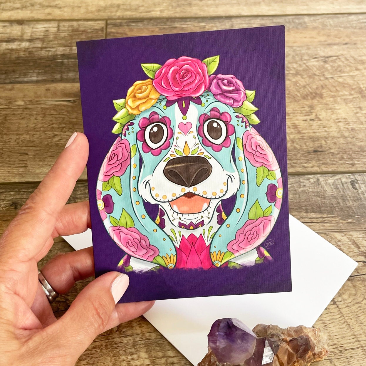 Sugar Skull Card, Basset Hound, Sugar Skull Dog, Gifts for Dog Lovers, Basset Hound Art, Basset