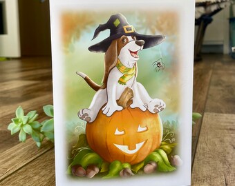 Basset Hound Halloween Card: Witch Dog on Pumpkin