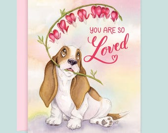 Basset Hound Valentine's Day Card: Dog Watercolor Art