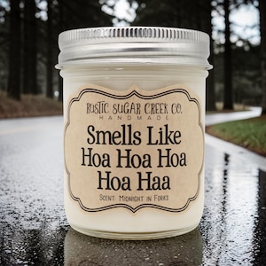 Peut inclure: Une bougie en pot de verre avec un couvercle argenté. L'étiquette indique "Smells Like Hoa Hoa Hoa Hoa Haa" avec "Midnight in Forks" comme parfum. La bougie est faite à la main par Rustic Sugar Creek Co.