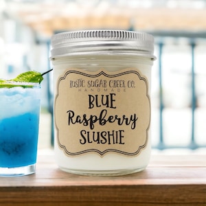Vela de cera de soja com aroma de framboesa azul granizada, feita à mão, queima limpa, 3 tamanhos, com caixa de presente, framboesa frutada de verão