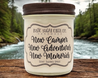 New Camper Adventures Memories Candle 3-Sizes Handmade Soy: Camping Decor RV Gift