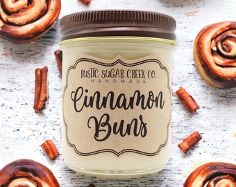 Bougie de cire de soja parfumée Cinnamon Buns, faite main, combustion propre, boîte de 3 tailles : bougies à la cannelle