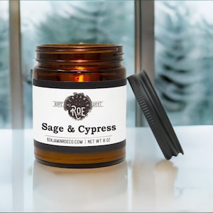 Sage & Cypress Scented Soy Candle: Hand Poured Amber Jar