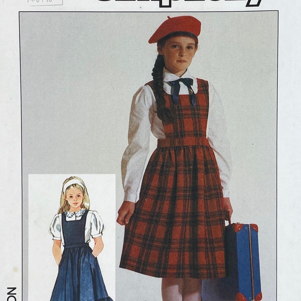 Simplicity 7003 - 1980s Girl's Plaid Jumper and Blouse Pattern - Size 7-10 (26-28.5")- Uncut (FF)