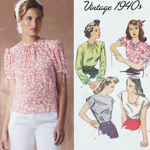 May include: Vintage 1940s Simplicity sewing pattern number 0260 H5 for a blouse with a variety of sleeve and neckline options. The pattern includes instructions for sizes 6-14 UK, 32-40 Euro, and 34-42 French.