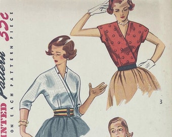 Simplicity 4165 - 1950s Overlapping Surplice Blouse with Kimono Sleeves Pattern - Size 11 (29") - Cut