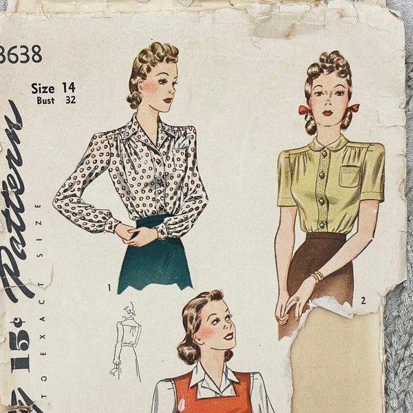 Simplicity 3638 - Original 1940s Blouse Set and Jerkin Pattern - Size 14 (32") - Factory Cut