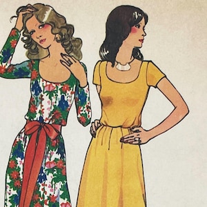 Könnte beinhalten: Illustration von zwei Frauen in Kleidern. Eines ist ein langes Blumenkleid mit roter Schärpe, das andere ein gelbes Kleid. Das Bild stammt von einem Vintage-Schnittmuster. Der Text enthält die Details eines Stoffunternehmens.