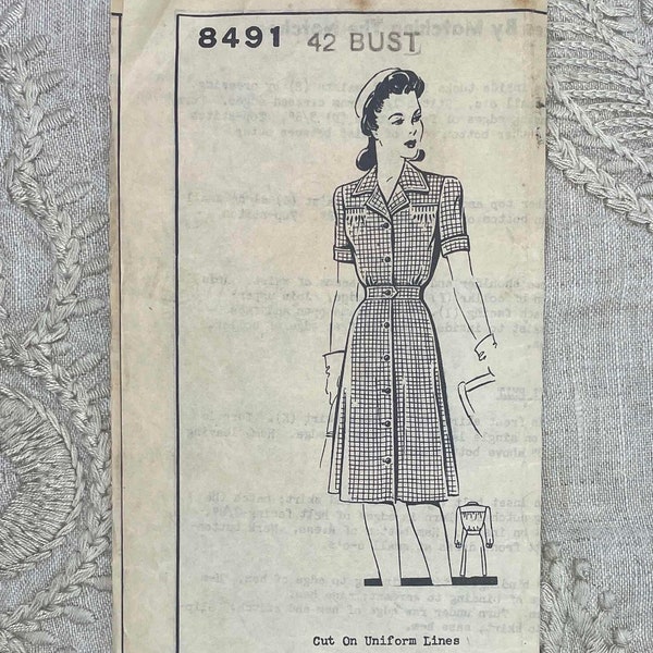 Barbara Bell 8491 - Original 1940s Classic Shirtwaist Dress Pattern Tailored for Working Women - Bust Size 42" - Factory Cut