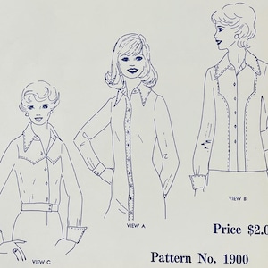 May include: Vintage sewing pattern for a shirtwaist, blouse, dress, and jacket. The pattern includes bust sizes 30-44 and hip sizes 32-46. The image shows three line drawings of the garments. The pattern number is 1900.
