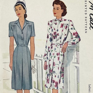McCall 6055 - 1940s Classic Shirtwaist Dress Pattern with Side Gathers, Inverted Pleat and Neck Bow - Size 14 (32&quot;) - Cut