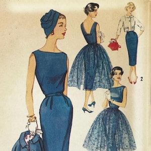 Simplicity 2370 - 1950s Bateau Sheath Dress, Lace or Sheer Overskirt and Cropped Jacket Pattern - Size 11 Jr. (31.5") - Uncut (FF)