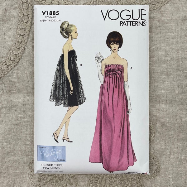 Vogue 1885 - Modèle de robe de soirée sans bretelles réédité en 1966 - Taille 16-24 - Non-coupé (FF)