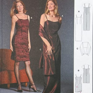 May include: A sewing pattern illustration featuring two sleeveless dresses and a wrap. One dress is knee-length with a dark red and black crackle pattern, while the other is a floor-length solid dark red dress paired with a matching wrap.