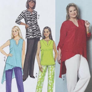 Puede incluir: Una ilustración de patrón de costura que presenta cuatro variaciones de tops y pantalones. Los diseños incluyen un top de manga larga con estampado de cebra, una túnica azul claro sin mangas, un top verde lima sin mangas y pantalones florales.