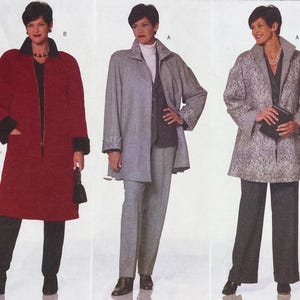 May include: A sewing pattern illustration featuring three jacket styles: a long red coat with a black collar and cuffs, a light grey jacket with a patterned collar and cuffs worn over a white turtleneck, and a grey patterned jacket with a wide collar.