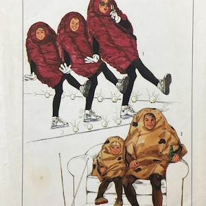 May include: A vintage illustration featuring two groups of figures in costumes. The top group shows three figures in maroon sleeping bag-style suits with white gloves and sneakers. The bottom group shows two figures in tan, spotted suits.