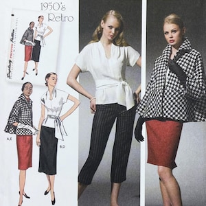 May include: A Simplicity sewing pattern envelope titled 1950's Retro featuring illustrations of outfits including a houndstooth jacket, a red skirt, a black skirt, and a white wrap-style blouse, alongside photographs of models wearing these garments.