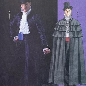 May include: A sewing pattern illustration featuring two outfits. The left shows a dark purple textured long coat with a white ruffled cravat and top hat. The right shows a dark gray tiered cape with a white ruffled cravat and a top hat.