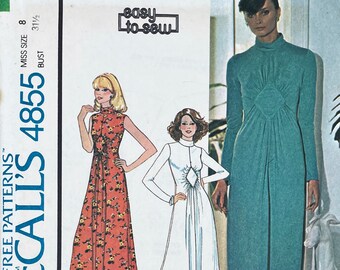 McCall's 4855 - 1970s Diamond Inset Maxi Dress Pattern with Mock Turtleneck - Size 8 (31.5") - Uncut (FF)