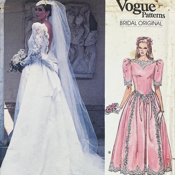 Vogue 1983 - 1980s Wedding Gown Pattern with Open Back, Puff Sleeves, Petticoat and Basque Waistline - Size 14 (36") - Uncut (FF)