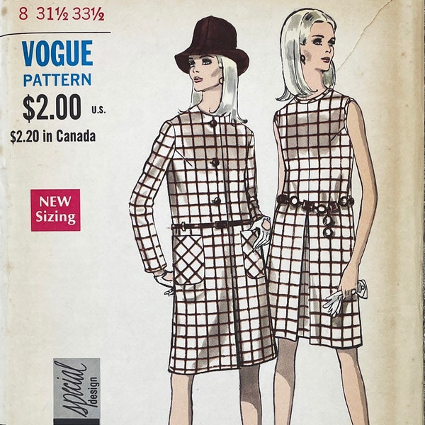 Vogue 7248 - Rare 1960s Special Design Straight Coat and Sleeveless Shift Dress with Inverted Pleat - Size 8 (31.5") - Uncut (FF)