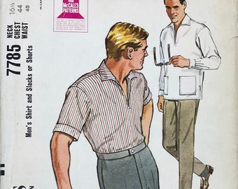 McCall's 7785 - 1960s Men's Pull-Over Wing Collar Shirt, Bermuda Shorts and Slacks Pattern - Chest 44" - Uncut (FF)
