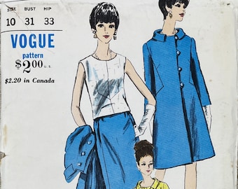 Vogue 6742 -  1960s Space Age A-Line Coat and Mod Two-Piece Dress Pattern - Size 10 (31") - Uncut (FF)