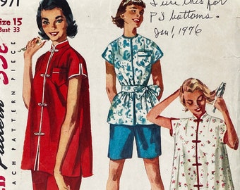 Simplicity 4971 - 1950s Pajama Set with Mandarin Collar, Kimono Sleeves and Frog Closings - Size 15 (33") - Cut