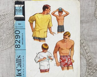 McCall's 8290 - 1960s Boys' Swim Trucks and Beach Shirt Pattern - Size Youth 8-10 (26-28") - Cut