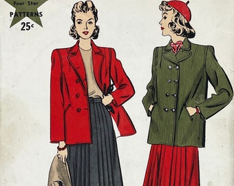 Hollywood 1174 - Original 1940s Box-Coat and Pleated Skirt Pattern - Size 16 (34") - Factory Fold