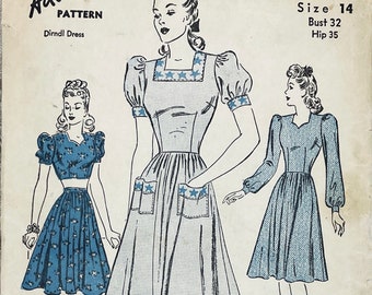 Advance Pattern 2710 - 1940s Dirndl Dress Pattern Optional Cropped Top and Sweetheart Neckline - Size 14 (32") - Factory Fold