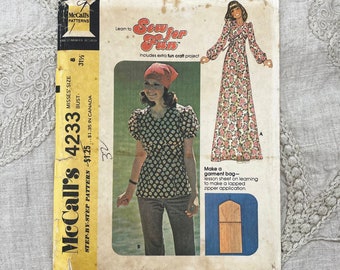 McCall's 4233 - 1970s Puff Sleeve Boho Blouse and Dress Pattern with Garment Bag Pattern - Size 8 (31.5") - Uncut (FF)