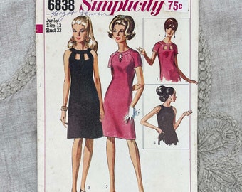 Simplicity 6838 - 1960s Raglan Halter A-line Dress Pattern with Peek-A-Boo Cutouts - Size 13 Jr. (33") - Cut