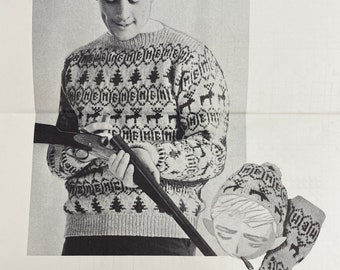 McCall's 590-NB Rare Late 1950's Men's Knit Nordic Sweater, Mittens and Cap Pattern - Size 40-42") - Original Leaflet Pattern