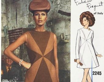 Vogue 2245 - Federico Forquet Late 1960s Mod A-Line Mini Dress Pattern with Pinwheel Color Blocking - Size 8 (31 1/2") - Uncut