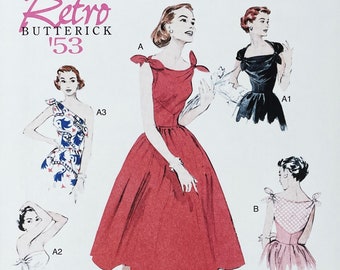 Butterick 5708 - Reissued 1953 Dress Pattern with Bias Bodice and Tie Shoulders - Size 6-14 or Size 14-22 - Uncut (FF)