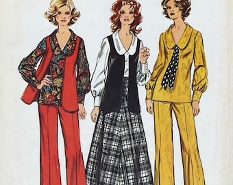 Simplicity 5302 - 1970s Collared V-Neck Blouse, Vest, Skirt and Pants Pattern - Size 16 (38") - Uncut (Refolded)